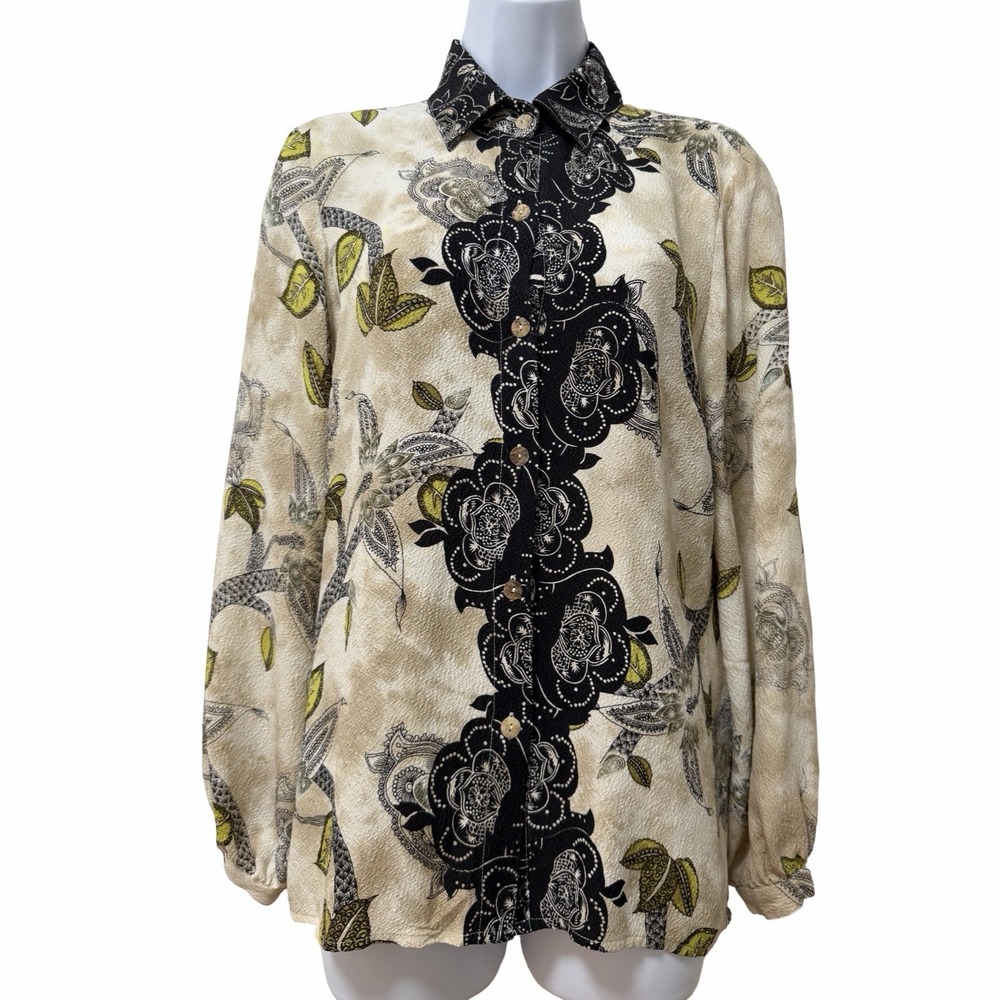 Citron Santa Monica Silk Floral Long Sleeve Button Up Shirt Size M Art to Wear